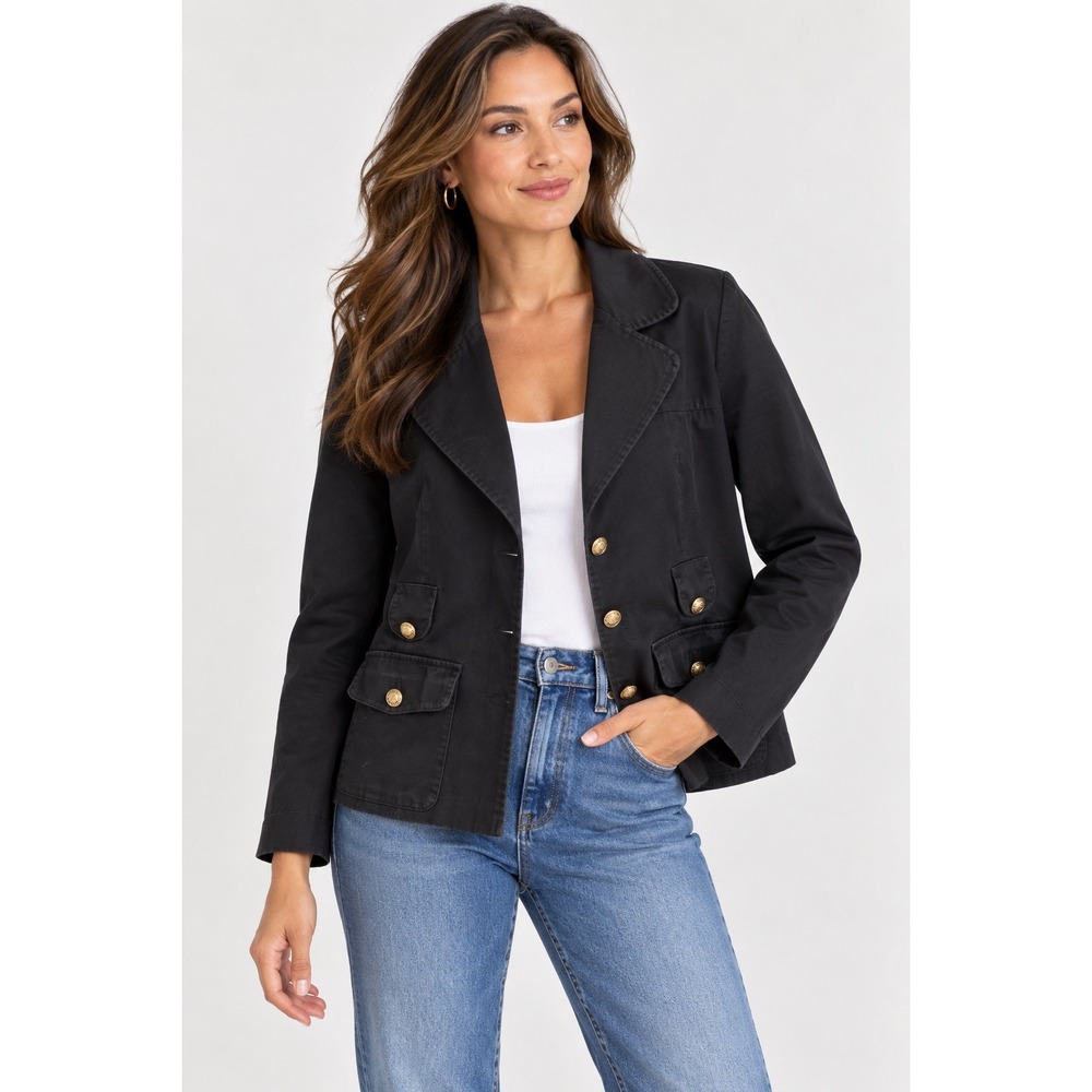 Sandro Paris Black Blazer Jacket Gold Button Cropped Tailored Women's L
